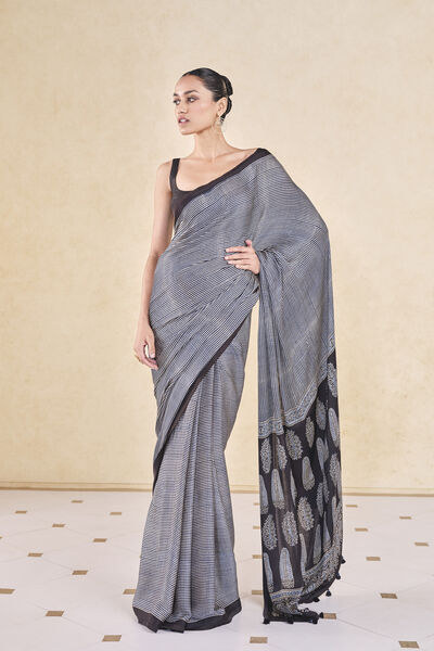 Korat Handcrafted Ajrakh Saree&nbsp;- Black